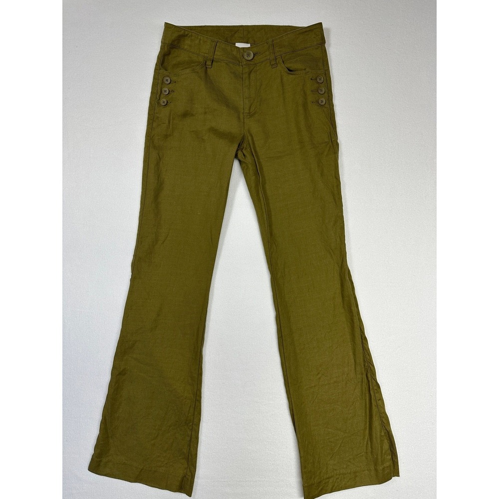 Cabi Linen Blend Sailor Flare Leg Trousers Size 2 Olive Green Beachy Vacay Chic - Picture 3 of 13
